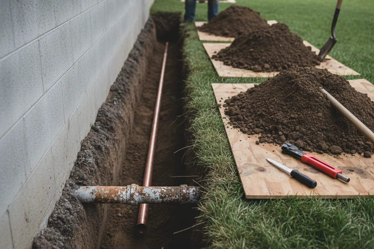 Excavated water line trench during Sewer Line Repair in Ogdensburg